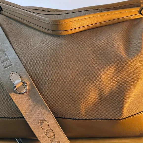 Coach Brown Leather and Tan Canvas Hobo Bag with Signature Crossbody Strap - Picture 2 of 12